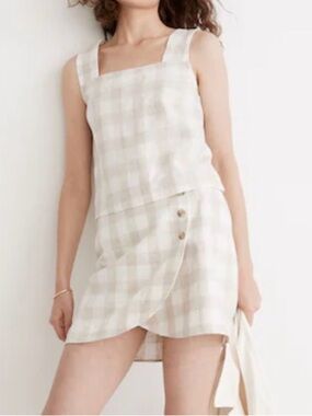 MADEWELL LINEN BLEND SUNSIDE SET TAN OFF-WHITE GINGHAM PLAID TANK SKIRT WOMENS 8